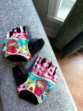 Louis Garneau Kids' Red & Turquoise Fingerless Cycling Gloves with Cartoon Print